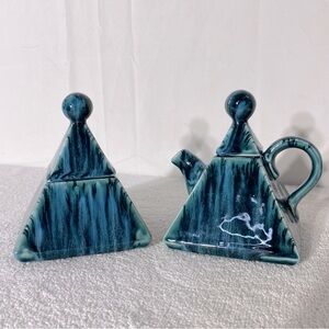 Handmade Blue Glaze Ceramic Pyramid Cream And Sugar Containers